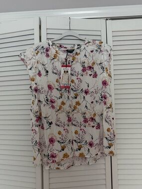 Buffalo David Bitton White Floral Short-Sleeve Blouse Boho Bohemian Sz M NWT